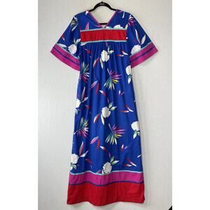 Vintage Hilda Hawaii Maxi Dress SZ Medium Red Blue Floral Tropical MuuMuu House